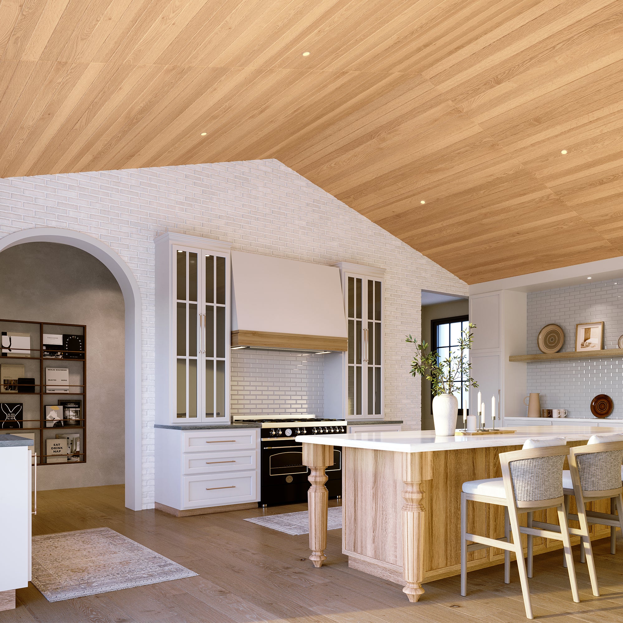 Modern kitchen with wooden ceiling and white walls