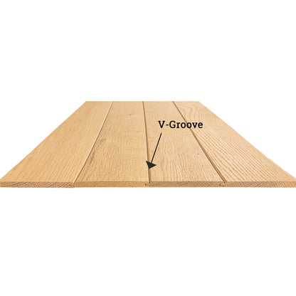 Wooden panel with V-groove in between pieces installed
